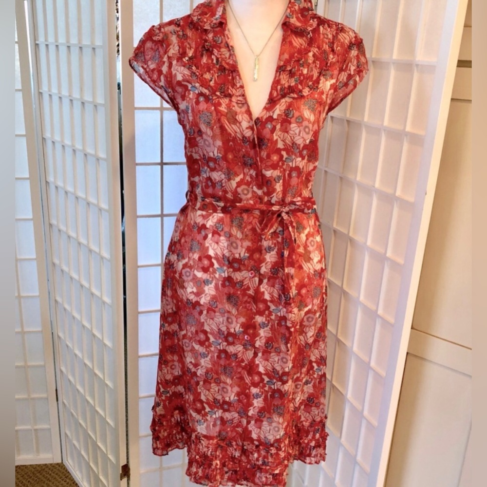 Red Floral Wrap-Style Women's Dress